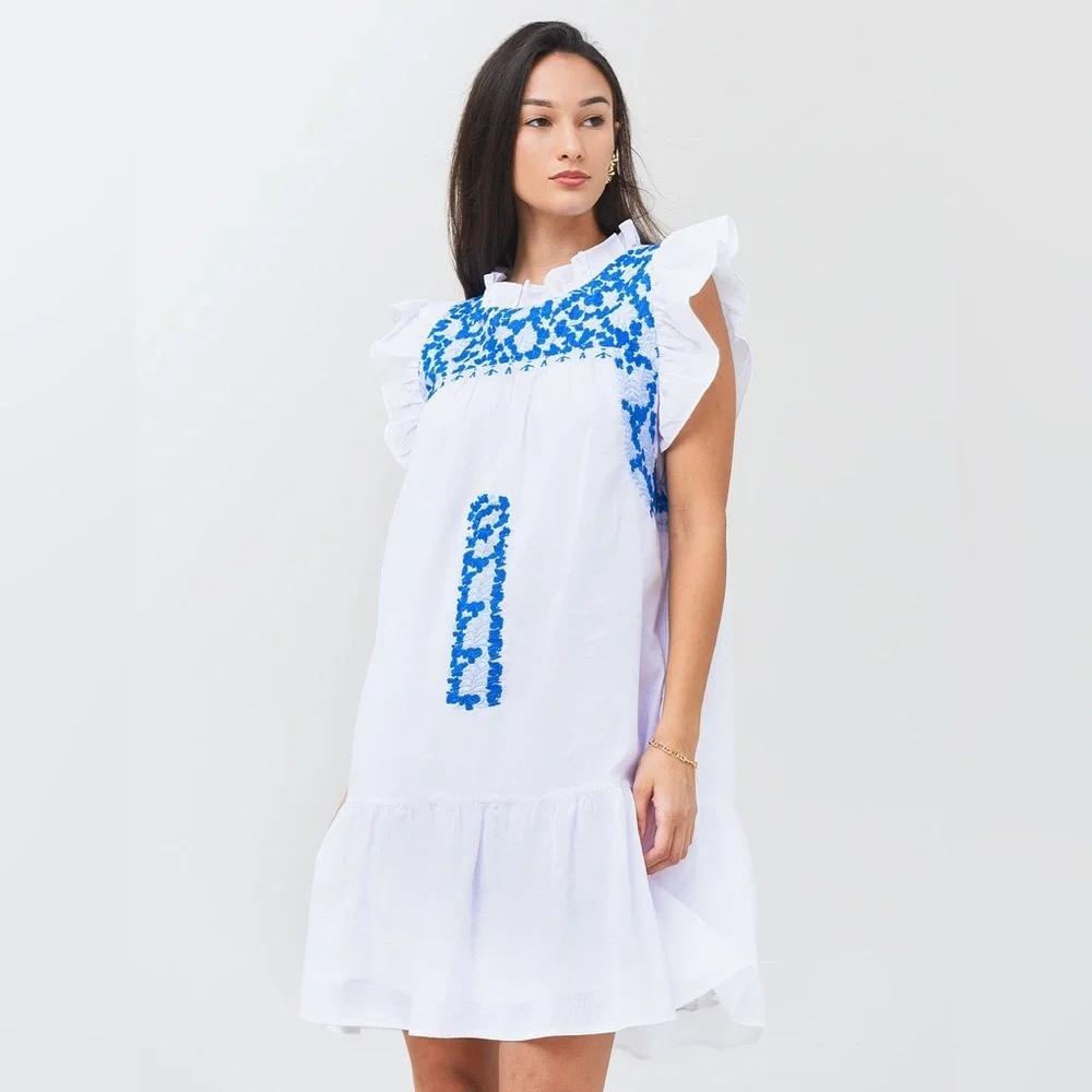 J. Marie M Boho Embroidered Dress blue white perfect condition smoke pet free - Picture 2 of 9